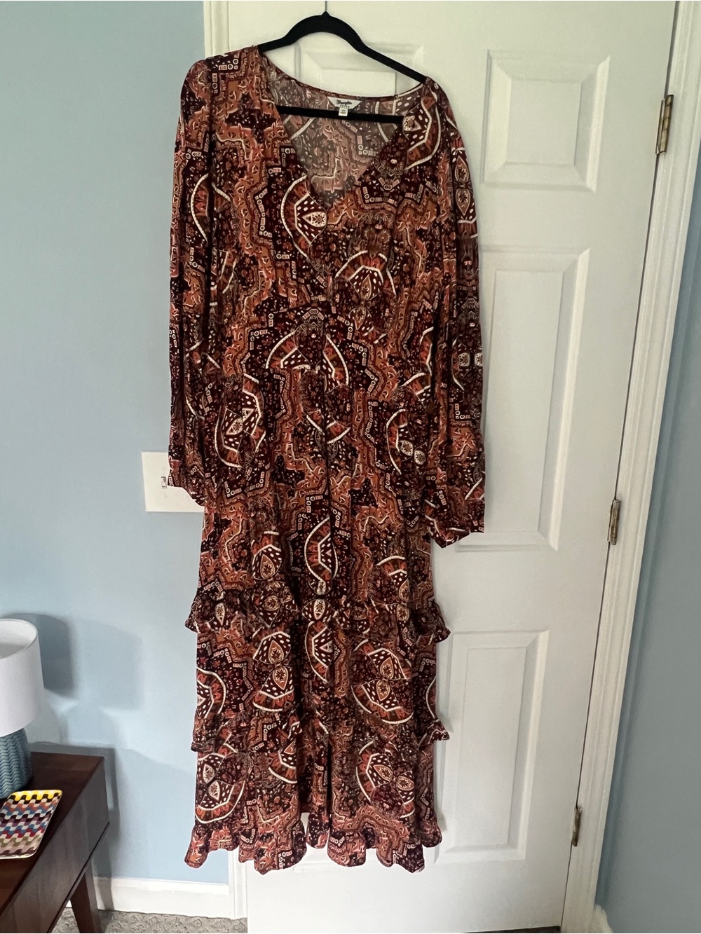 Retro Wrangler Tiered Long Sleeve Maxi Dress - Brown Paisley